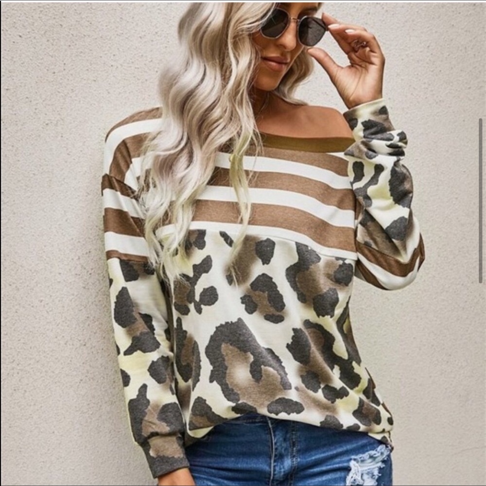FINAL MARK-DOWN LEOPARD PRINT TOP W/BROWN STRIPES - Picture 3 of 7